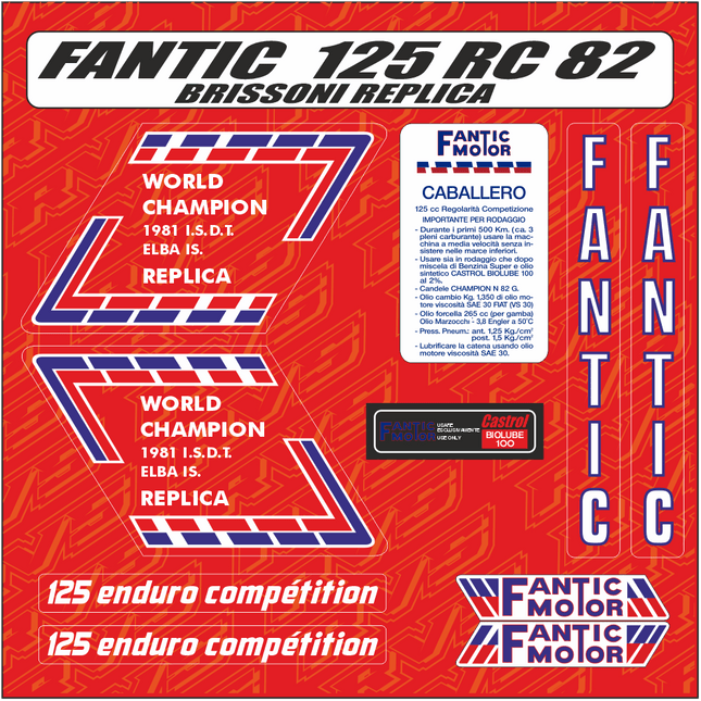 Kit Déco COMPLET Fantic 125 Enduro RC 1982-83 BRISSONI REPLICA - MotoTT Vintage
